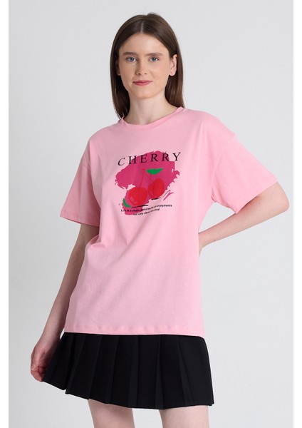 Pembe %100 Pamuk Yazı Baskılı Tişört 2150-15M fiyatları