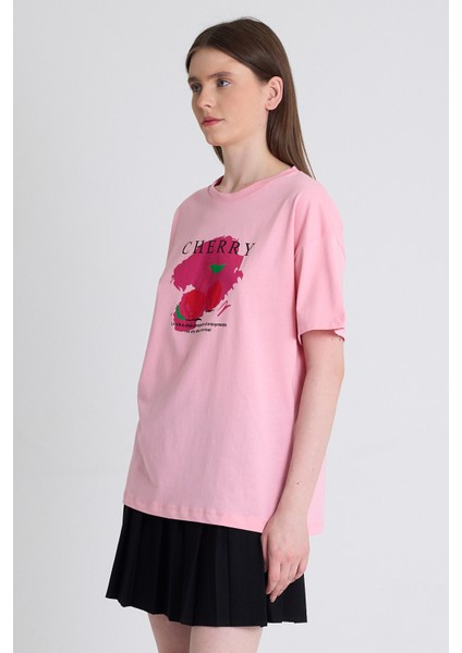 Pembe %100 Pamuk Yazı Baskılı Tişört 2150-15M modelleri
