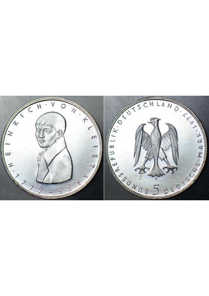 Almanya Gümüş 5 Mark 1977 Hatıra 11,2 Gram. Heınrıch Von Kleıst Doğumunun 200. Yılı Anısına. Proof Baskı Çil(-) Kondisyon.