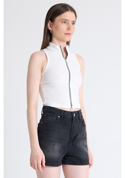 Beyaz Fermuar Detaylı Kolsuz Crop Bluz 2226 modelleri