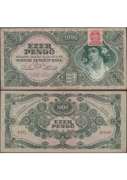 Macaristan 1000 Pengö 1945 Pullu. Ikinci Dünya Savaşı Sonrası Hiperenflasyon Dönemi. Çok Çok Temiz Kondisyon.