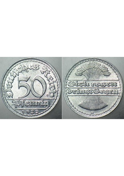 Almanya 50 Pfennıg 1922 D= Münih Darbı Weimar Cumhuriyeti Hiperenflasyon Dönemi. Çil(-) Kondisyon