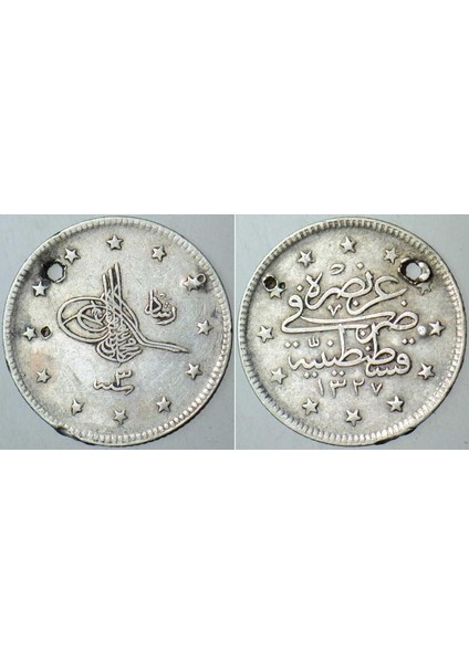 V. Mehmed Reşad Gümüş 2 Kuruş 1327/3. Istanbul Darbı. Osmanlı Imparatorluğu Gerçek Para. Kulp Delikli.