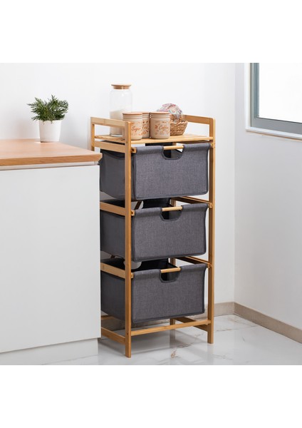 2059 3 Katlı Çok Amaçlı Çekmeceli Organizer Dolap Ahşap Bambu Ayaklı 3 Hazneli Düzenleyici Kumaş Askılı Organizer Oyuncak Sepeti Banyo Mutfak Düzenleyicisi
