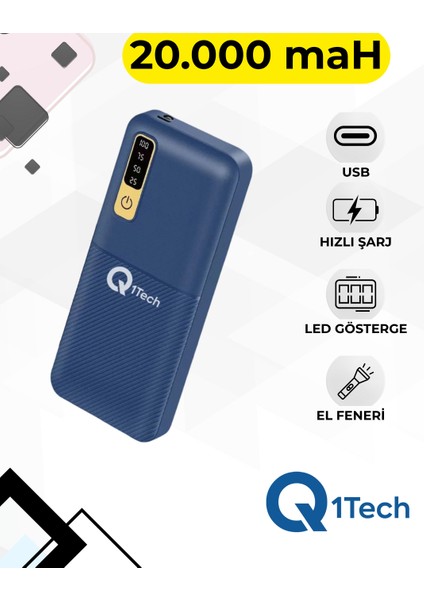 20.000 Mah Powerbank - El Feneri -LED Göstergeli - Hızlı Şarj