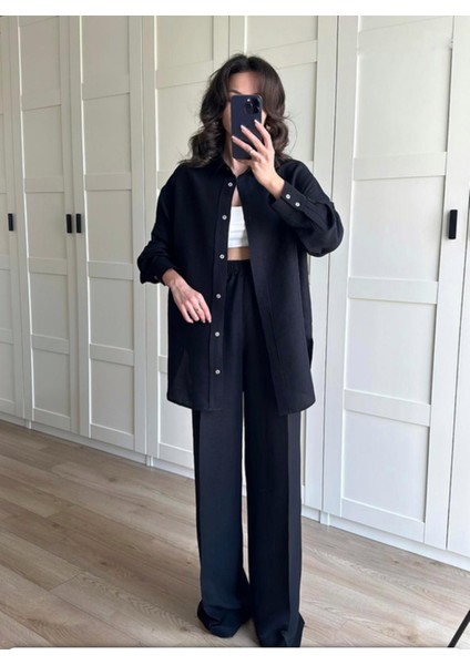 Arkası Düğmeli Ham Keten Takım Siyah