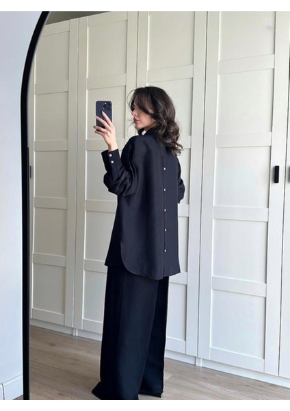 Arkası Düğmeli Ham Keten Takım Siyah modelleri