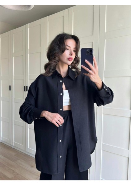 Arkası Düğmeli Ham Keten Takım Siyah indirimleri