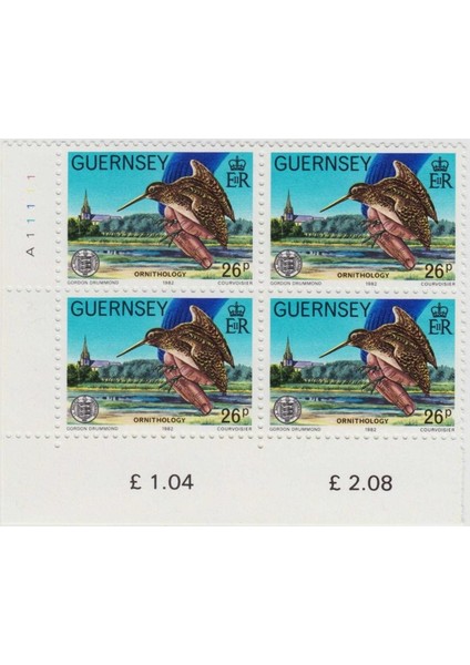 Guernsey 4 Lü Blok Pul 1982 Ornitoloji - Kuşlar - Su Çulluğu. Damgasız. Mnh