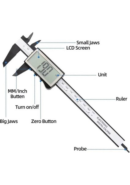 150MM Dijital Kumpas - 3 Düğmeli Geniş Ekran Kalınlık Ölçer - Kutulu + Yedek Pil fiyatları