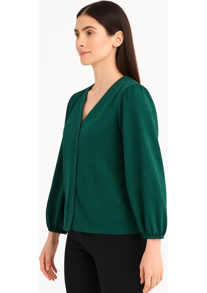 Lupinn Moda Simli Dokulu Balon Kollu Kadın Yeşil Bluz - Günlük & Şık Kombinler Için Modern Tasarım modelleri