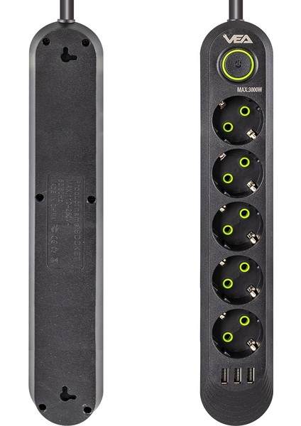 5'li Akım Korumalı Priz 1,5 Metre 3x USB Siyah Kasa 21561 fiyatları
