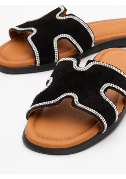 Kadın Taş Bantlı Terlik Gerçek Süet Deri Zy 8126 Siyah modelleri