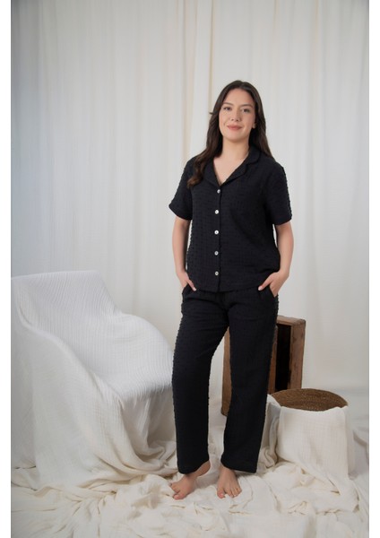 2 Kat Müslin Kadın Pijama Takımı Siyah