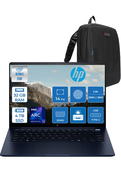 Elıtebook Ultra G1I Intel Ultra 5 228V 32GB Ddr5 4tb SSD Intel® Arc 14" 2.8k (2880 x 1800) OLED 400NITS 100% Dcı-P3 Windows 11 Pro Taşınabilir Bilgisayar B68YZETP12 + Zettaçanta