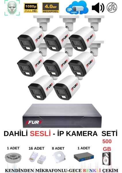 Ip Güvenlik Kamera Seti 8 Kameralı Sesli 4mp Gece Renkli Su Geçirmez IP5515S 500GB
