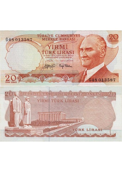 Türkiye Cumhuriyeti 6. Emisyon 3. Tertip 20 Lira G48. Anıtkabir Görselli. Çil(-) Kondisyon.