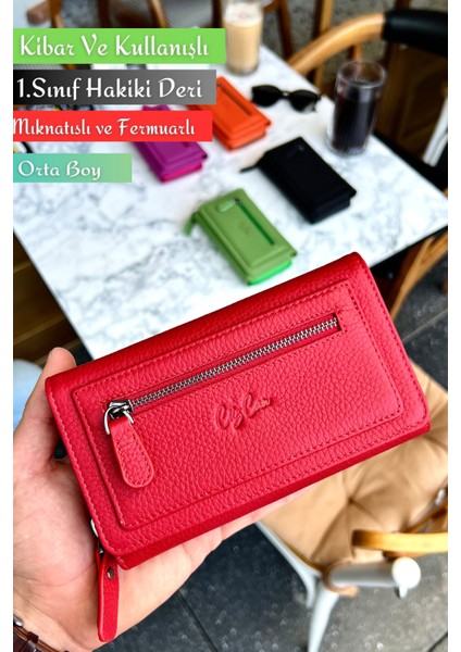 Julia Kırmızı Hakiki Deri Kadın Cüzdan Orta Boy Şık ve Kullanışlı
