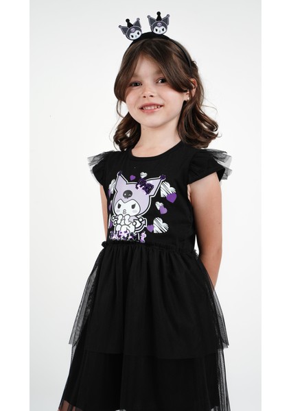 Kuromi Siyah Tül Detaylı Kısa Kollu Kız Çocuk Elbisesi
