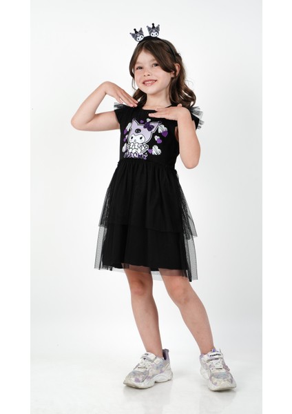 Kuromi Siyah Tül Detaylı Kısa Kollu Kız Çocuk Elbisesi fiyatları