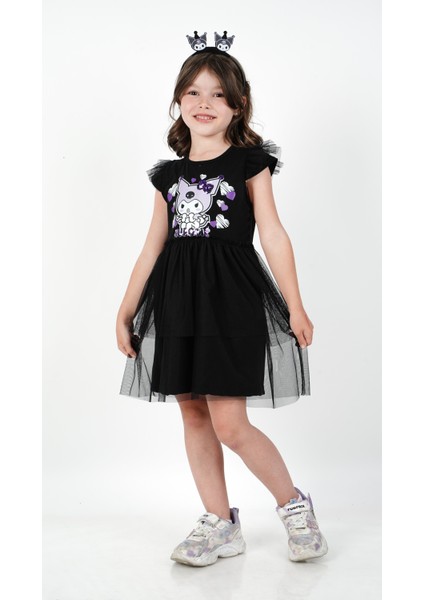 Kuromi Siyah Tül Detaylı Kısa Kollu Kız Çocuk Elbisesi modelleri