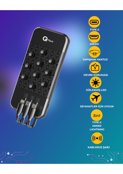 10.000 Mah Kablosuz Şarj Dahili Çoklu Kablolu Powerbank Siyah Taşınabilir Şarj Cihazı fiyatları