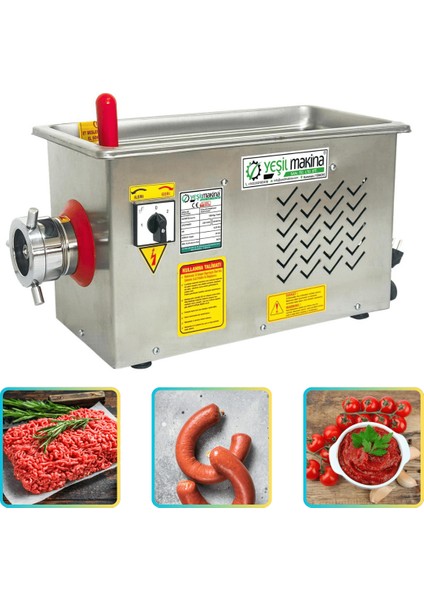 YKM12 220V 0,55KW 12 No Et Kıyma Makinası Geri Çekmeli Sucuk Aparatlı 100KG/SAAT