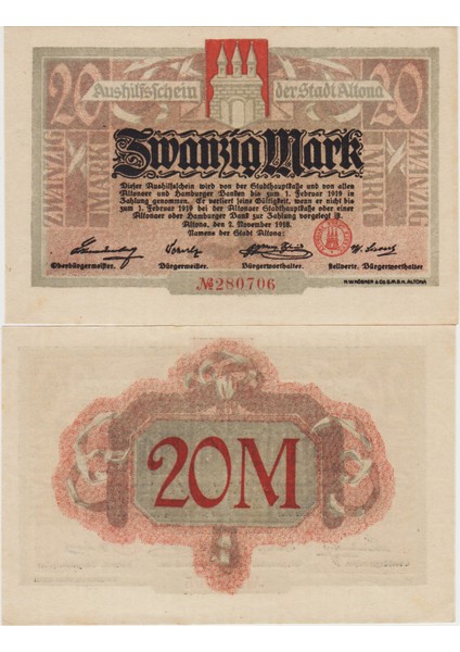 Almanya Altona Şehri 20 Mark 1918 Notgeld Çil Kondisyon.