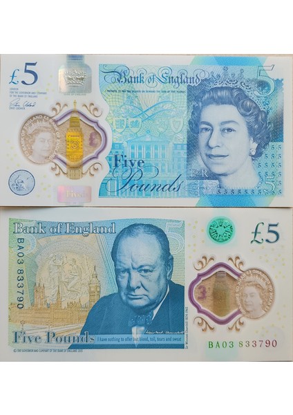 Birleşik Krallık 5 Pound 2016-18 Wınston Churcıll - Kraliçe Iı. Elizabeth-Polimer. Ingiltere. Çil