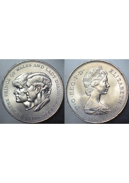 Birleşik Krallık Hatıra 25 Pence 1981. Prens Charles ve Lady Dıana Evliliklerinin Anısına. Kraliçe Iı. Elizabeth. Madalyon Boy 38,6 Mm. Ingiltere. Çil(-) Kondisyon