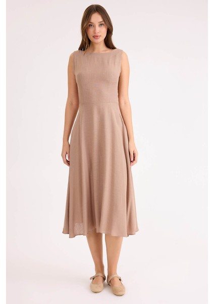 Sıfır Kol Viskon Keten Midi Elbise