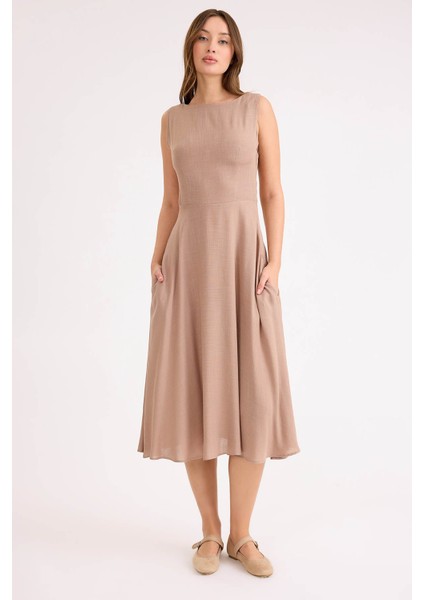 Sıfır Kol Viskon Keten Midi Elbise fiyatları