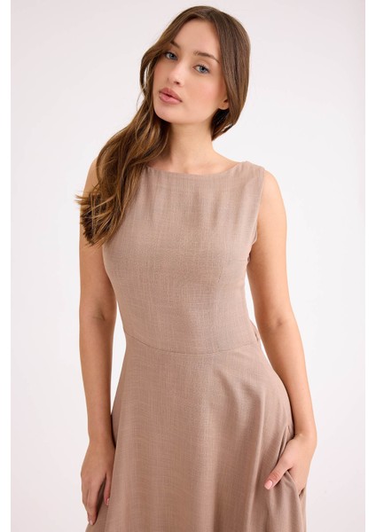 Sıfır Kol Viskon Keten Midi Elbise indirimleri
