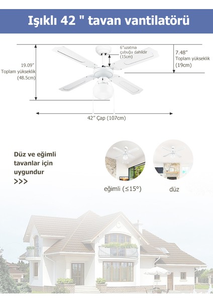 Poyraz Tavan Vantilatörü Beyaz 107 cm