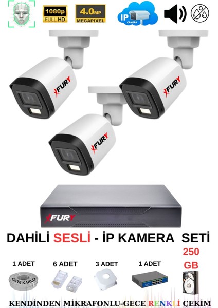 Ip Güvenlik Kamera Seti 3 Kameralı Sesli 4mp Gece Renkli Su Geçirmez IP5515S 250GB