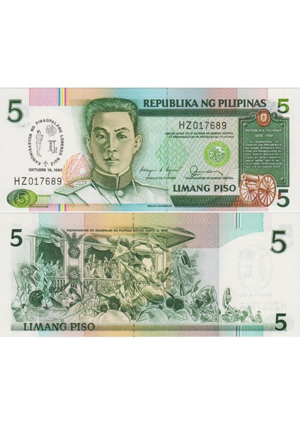 Filipinler 5 Pıso 1987 Sirkülasyon Hatıra Parası. Çil Kondisyon.