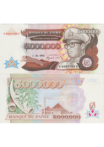 Zaire 5.000.000 Zaire 1992 Çil Kondisyon.