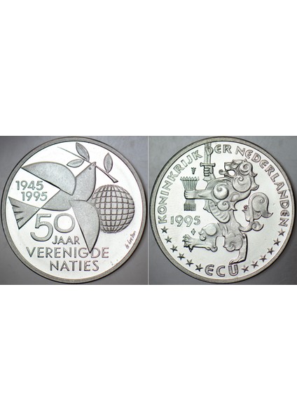 Hollanda 1 Ecu 1995 Birleşmiş Milletler'in 50. Yılı - Pullu Ilk Gün Zarfı Içinde Bilgi Kartıyla. Çil