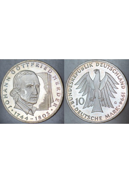 Almanya Hatıra Gümüş 10 Mark 1994 Johann Gottfrıed Herder. 15,5 gr Çil Kondisyon.