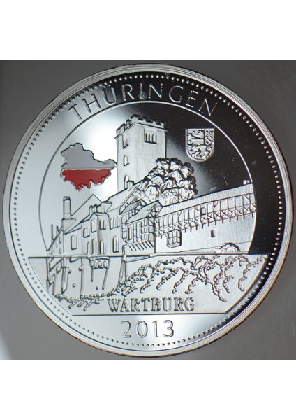 Almanya Thuringen 2013 Madalyon. Wartburg 40 mm 44,3 gr Bronz Üstü Gümüş Kaplama Renkli Bayraklı. Proof Çil