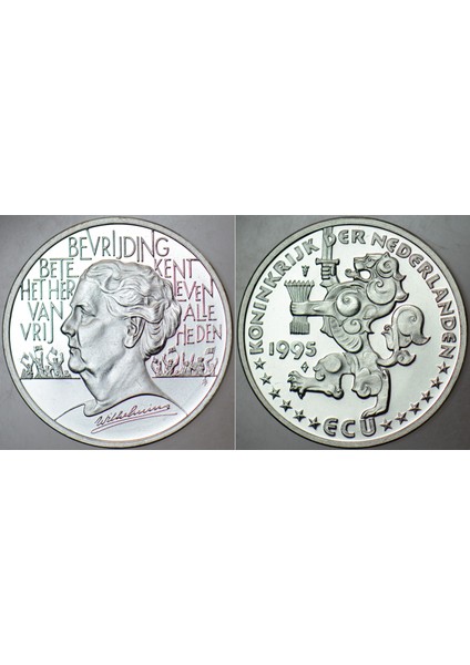 Hollanda 1 Ecu 1995 Iı. Dünya Savaşı Kurtuluş'un 50 Yılı-Pullu Ilk Gün Zarfında Bilgi Kartıyla. Çil