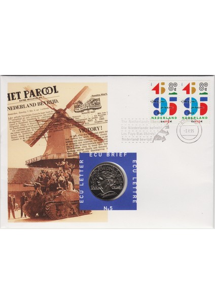Hollanda 1 Ecu 1995 Iı. Dünya Savaşı Kurtuluş'un 50 Yılı-Pullu Ilk Gün Zarfında Bilgi Kartıyla. Çil fiyatları