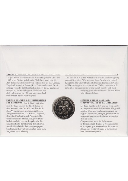 Hollanda 1 Ecu 1995 Iı. Dünya Savaşı Kurtuluş'un 50 Yılı-Pullu Ilk Gün Zarfında Bilgi Kartıyla. Çil modelleri