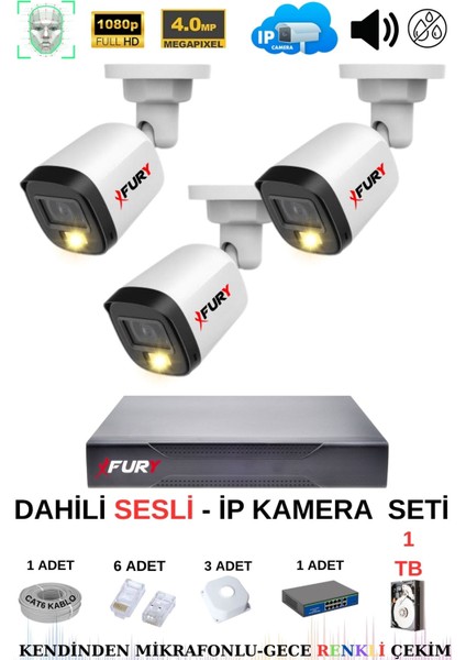 Ip Güvenlik Kamera Seti 3 Kameralı Sesli 4mp Gece Renkli Su Geçirmez IP5515S 1tb