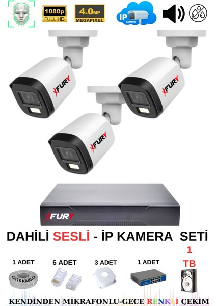Ip Güvenlik Kamera Seti 3 Kameralı Sesli 4mp Gece Renkli Su Geçirmez IP5515S 1tb
