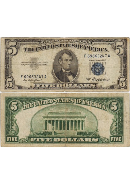 Amerika Birleşik Devletleri 5 Dolar 1953 A Mavi Mühür. Temiz+ Kondisyon.