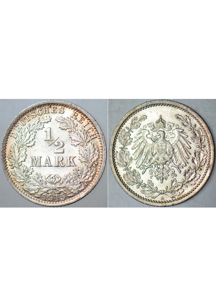 Almanya Gümüş 1/2 Mark 1915 A. Deutsches Reıch. Kayzer Iı. Wilhelm I. Dünya Savaşı Dönemi. Çil Kondisyon