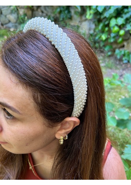 Tasarım Abiye Kına Nişan Full Düz Inci Beyaz Işlemesi Taç Aksesuar