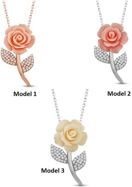 925 Ayar Gümüş Zirkon Taşlı Rose Gül Kolye