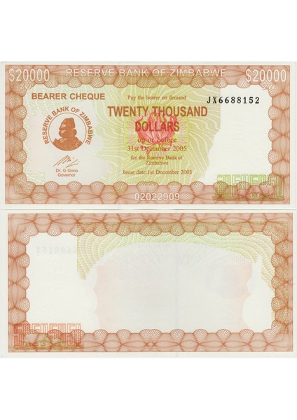 Zimbabve 20.000 Dolar 2003 Çil Kondisyon.